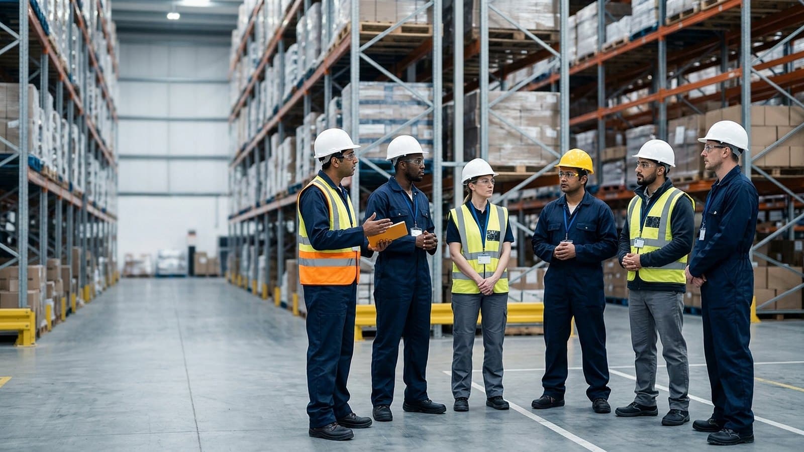 Supervisor delivering a toolbox talk to warehouse staff in hard hats and hi-vis vests