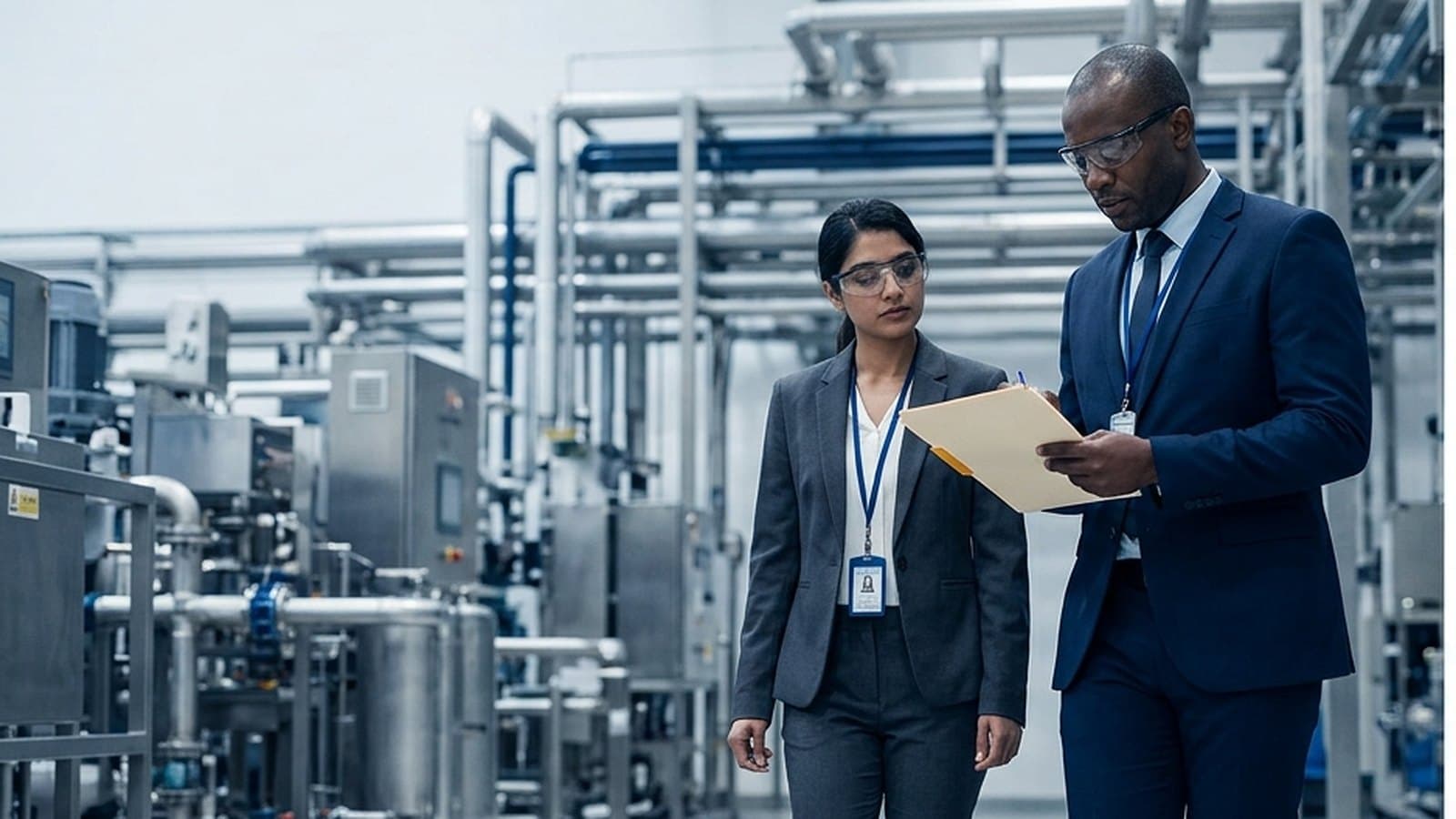 Two auditors reviewing documentation while walking a clean process manufacturing floor