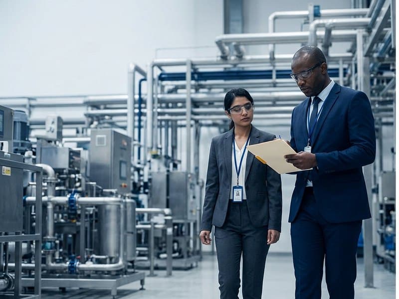 Two auditors reviewing documentation while walking a clean process manufacturing floor