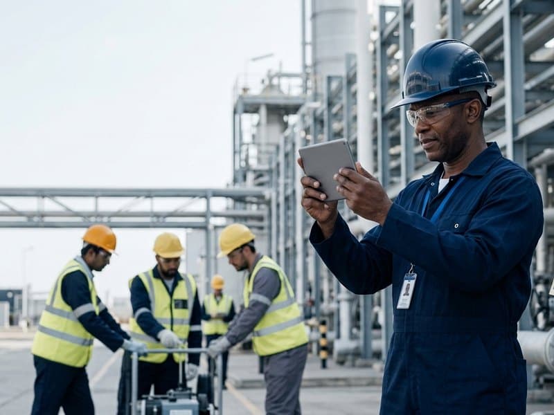 Senior safety manager recording workplace evidence on a tablet while a work team operates behind