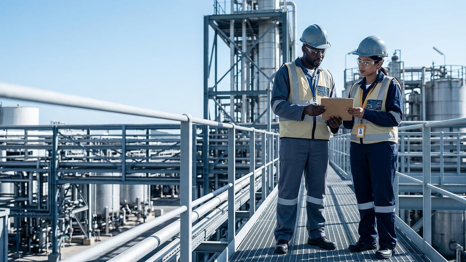 Safety inspectors walking an elevated gantry above a processing plant