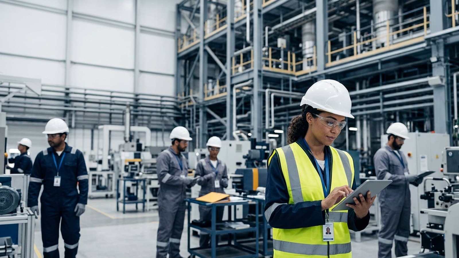 Safety officer in a white hard hat recording findings on a tablet during a factory inspection
