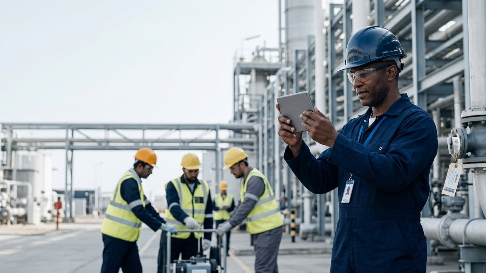 Senior safety manager recording workplace evidence on a tablet while a work team operates behind