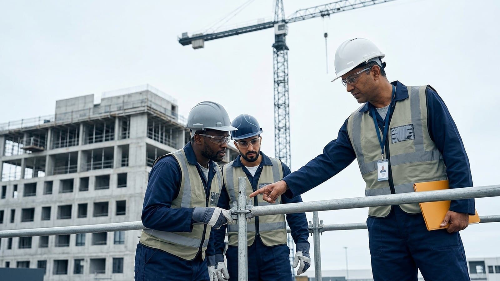 Site supervisor pointing out a scaffold connection to two construction workers