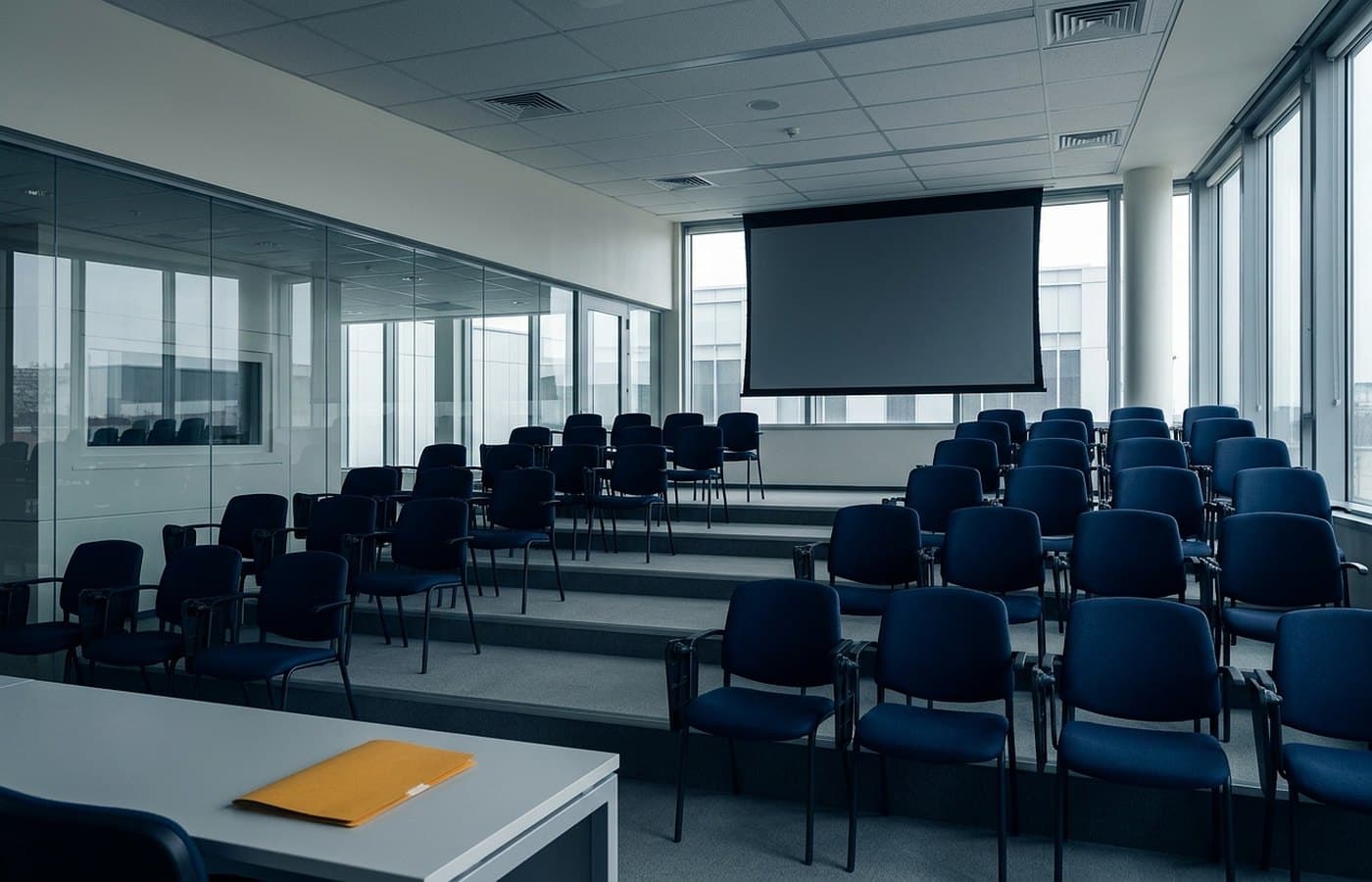 Empty tiered training room with navy seating and a projector screen