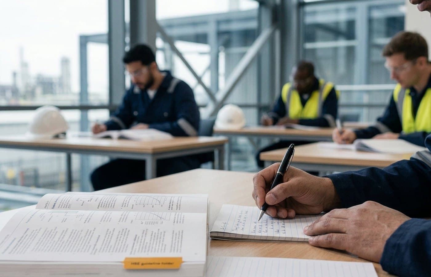 Learner making notes from a study manual during a classroom safety course