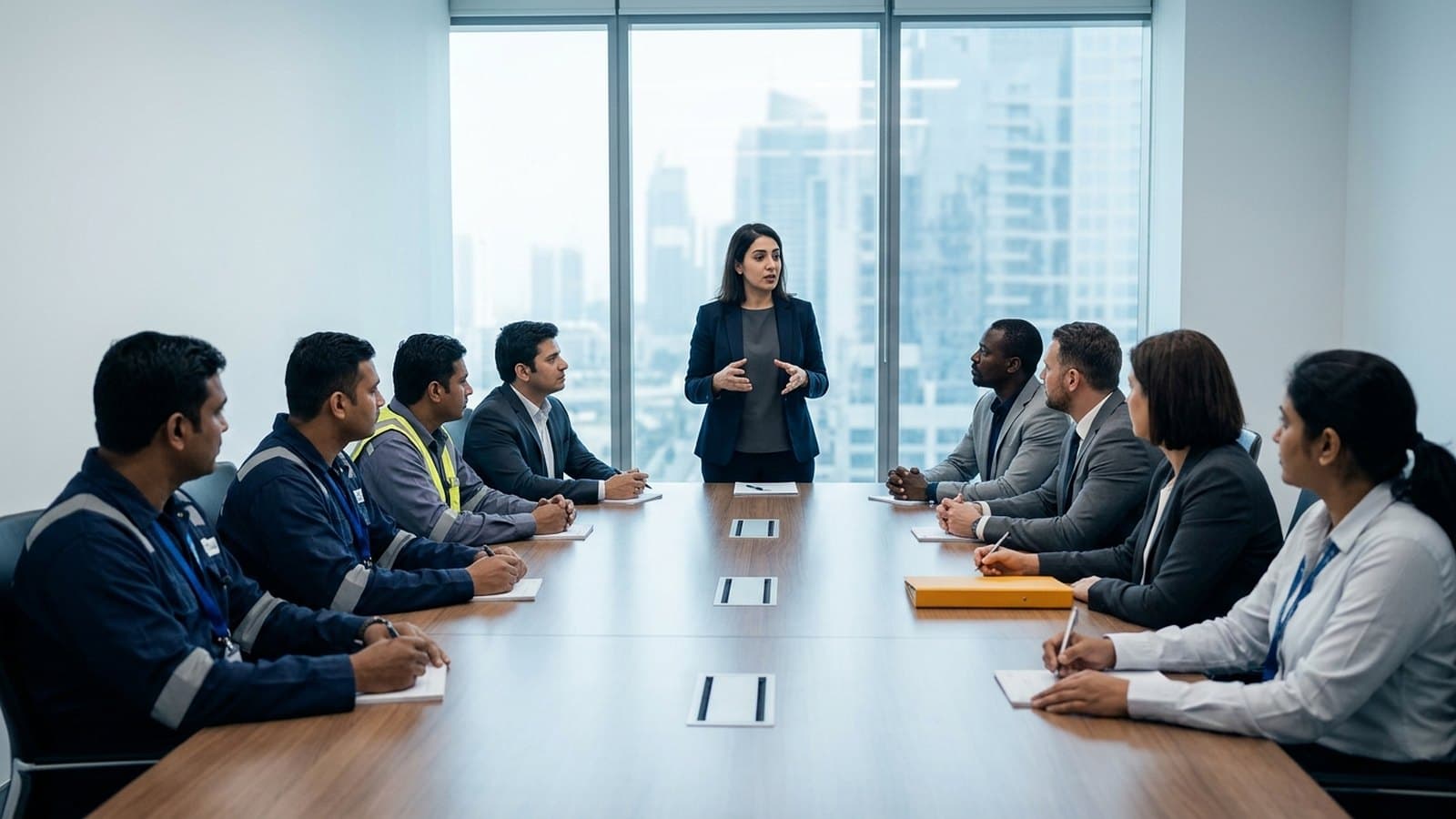 Trainer running an in-house safety briefing for staff in a client boardroom