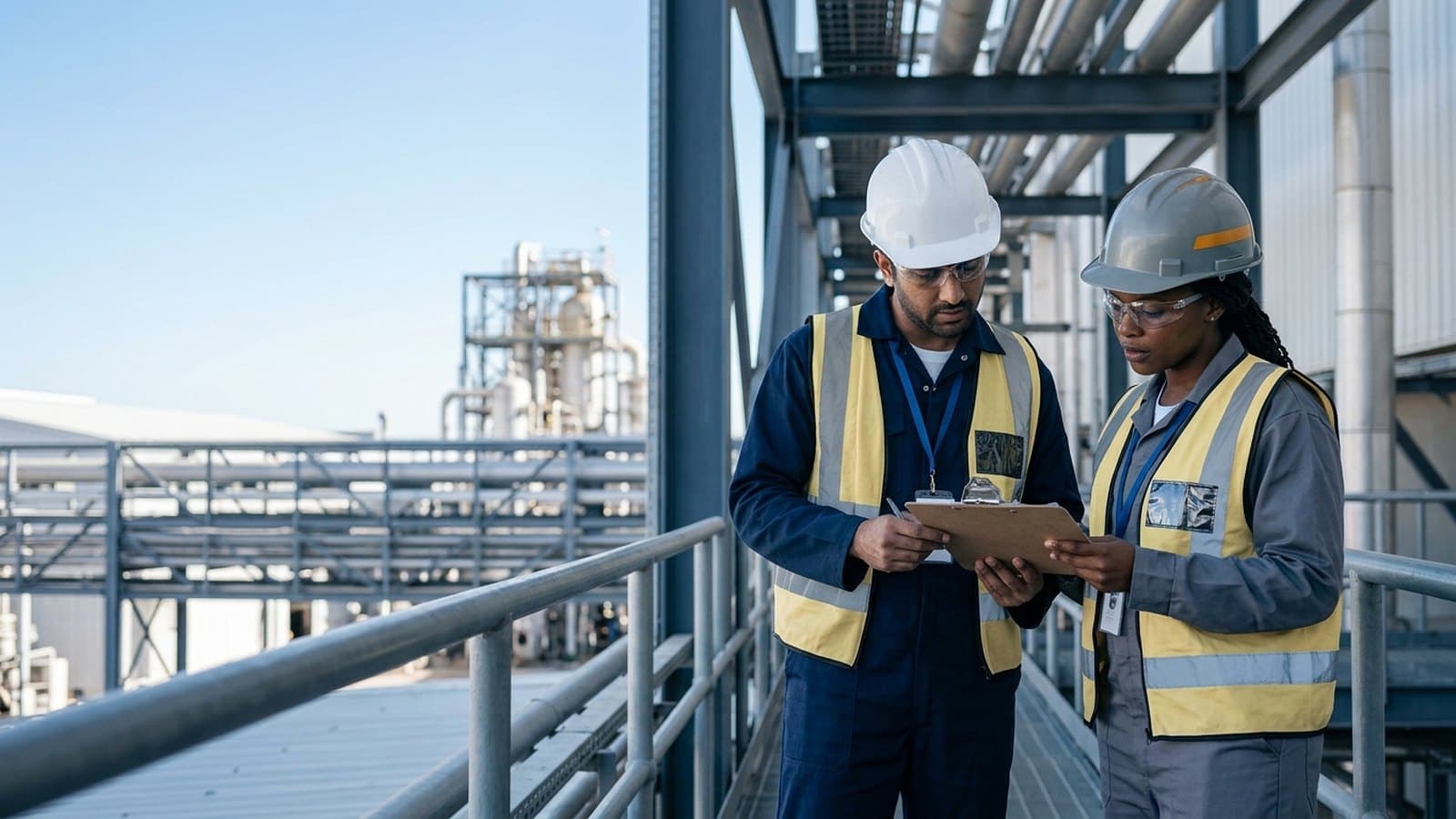 Two safety officers reviewing an inspection checklist on an elevated plant walkway